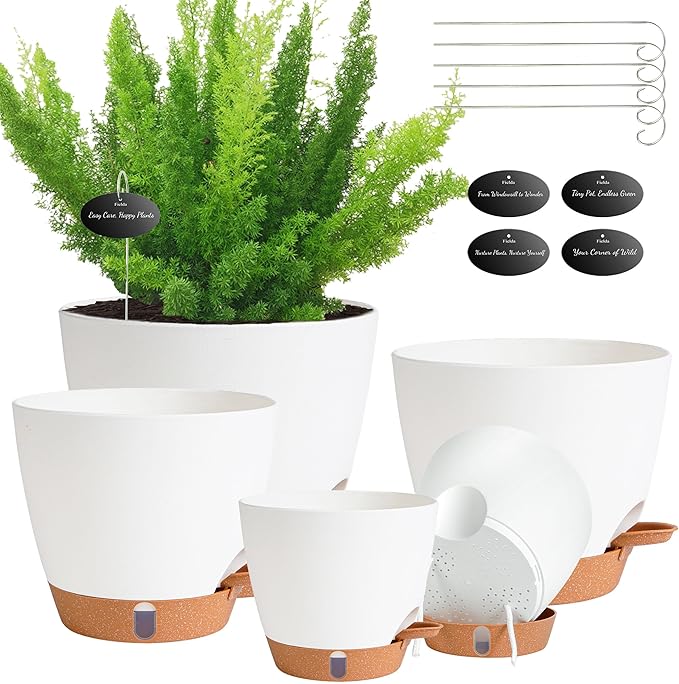 Self Watering Pots for Inoor Ourdoor Plants 8/7/6.5/6/5 Inch Plastic Planters with Drainage Holes & Water Level Indicator, Decorative House Flower Nursery Planting Pots with Saucers (White)