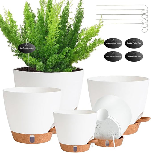 Self Watering Pots for Inoor Ourdoor Plants 8/7/6.5/6/5 Inch Plastic Planters with Drainage Holes & Water Level Indicator, Decorative House Flower Nursery Planting Pots with Saucers (White)