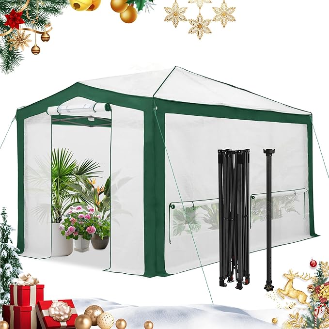 EAGLE PEAK 12x8 Portable Walk in Greenhouse with Polyester Reinforced Corners, Instant Pop up Indoor Outdoor Gardening Green House, Roll Up Zipper Doors Mesh Windows & Winter Support Pole, Green/White