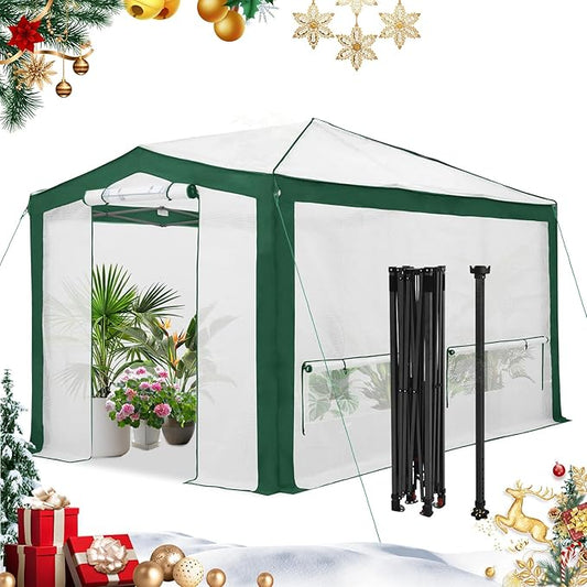 EAGLE PEAK 12x8 Portable Walk in Greenhouse with Polyester Reinforced Corners, Instant Pop up Indoor Outdoor Gardening Green House, Roll Up Zipper Doors Mesh Windows & Winter Support Pole, Green/White