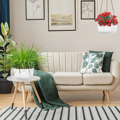 Set of 2 White 10 Inch Hanging Planters for Indoor Outdoor Plants, Self Watering Hanging Flower Pots with Drainage Hole & Plug