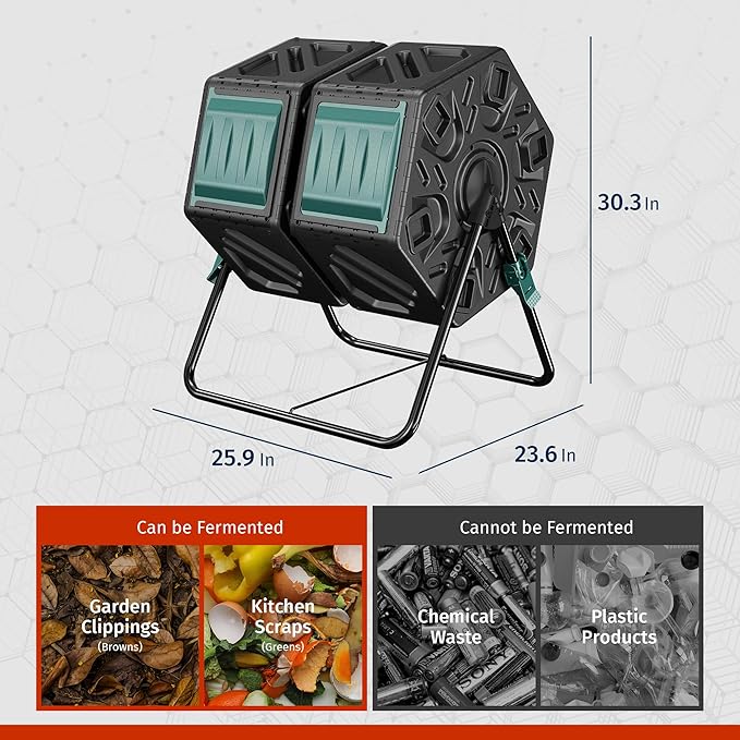 East Oak Dual Chamber Outdoor Compost Tumbler, 2×18.5 Gallon Compost Bin, Rotating Composter with Aeration & Locking System for Garden, Kitchen & Yard