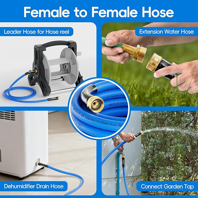 SPECILITE Female to Female Hot/Cold Garden Water Hose 20 ft x 3/4 Inch for Hose Reel, -50℉To 190℉, Heavy Duty, Flexible, Burst 605 Psi, Rubber Extension Pipe with 3/4" Brass Fittings