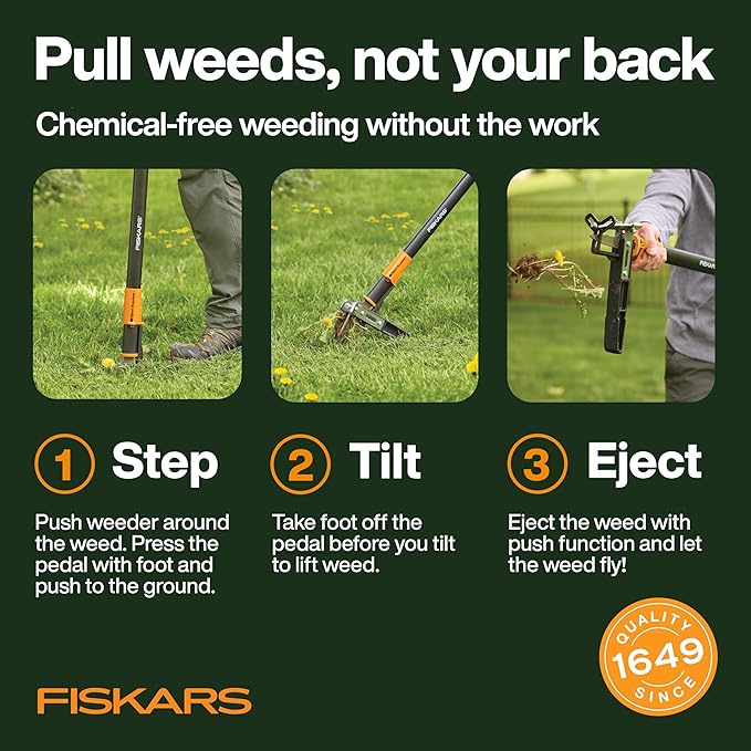 Fiskars 3-Claw Stand Up Weed Puller Tool, Gardening Weeder, Hand Weeding Tool with 39" Long Ergonomic Handle with Easy-Eject Mechanism