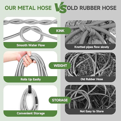 Heavy Duty Garden Hose 100 ft, 304 Stainless Steel Water Hose with 10 Functions Nozzle, 3/4" Swivel Connectors, Metal Garden Hoses-No Kinks, Lightweight, Flexible, Leak Proof, Suitable for Lawn Yard