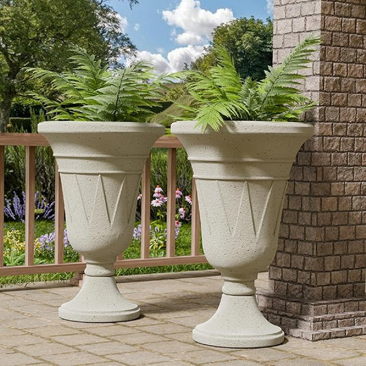 23.6" Tall Plastic Urn Planters for Outdoor Plants, Set of 2 Heavy-Duty Classic Indoor Large Flower Pots with Drainage Holes & Trophy Design, Outdoor Planters for Porch, Home Garden, White