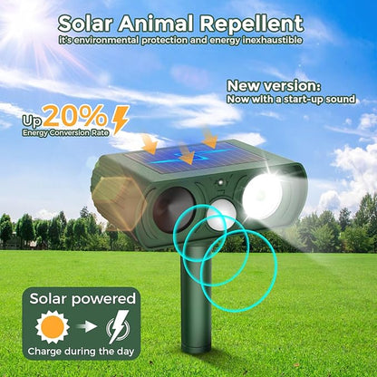 2026 Upgraded Solar Ultrasonic Animal Repellent Outdoor, Deer Repellent Devices Squirrel Cat Raccoon Rabbit Dog Deterrent, Keep Rodent Away Motion Detection with Flash Light for Yard Garden Lawn