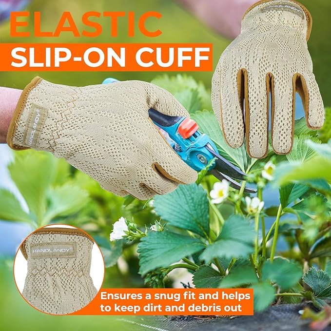 HANDLANDY Gardening Gloves for Women, Breathable Ladies Leather Garden Yard Gloves Best Gift for Gardeners