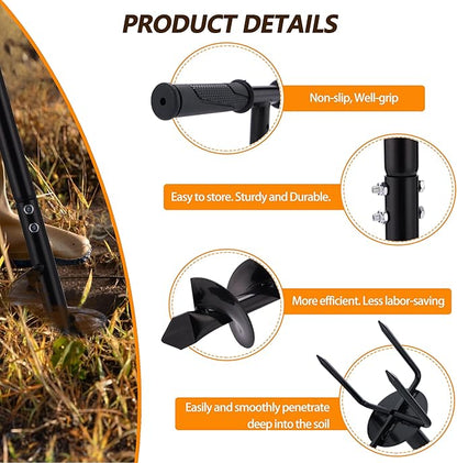 2 in 1 Hand Auger Spiral Drill for Planting, 4 X 44.5inch Post Hole Digger Manual Auger for Fence Posts, Sand, Bulb, Seedlings, Tree, Mail Box, Manual Garden Spiral Hole Digging Drill with Non-Slip.