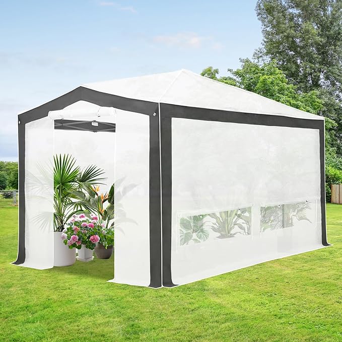 EAGLE PEAK 12x8 Portable Walk in Greenhouse with Polyester Reinforced Corners, Instant Pop up Indoor Outdoor Gardening Green House, Roll Up Zipper Doors Mesh Windows & Winter Support Pole, Gray/White