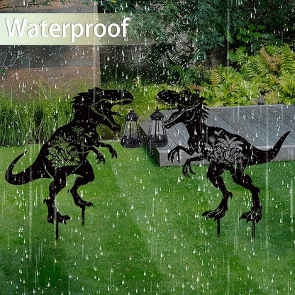 Dinosaur Metal Garden Stakes Yard Decor with a Lantern, Black Dinosaur with Flower Silhouette Statues Garden Decorative Gifts for Yard Art, Patio, Outside, Lawn Ornaments, Backyard, Pathway