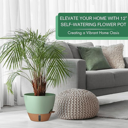 12/10/8 Inch Self Watering Pots for Indoor Plants Plastic Large Plant Pot for Outdoor Plants, Water Level Window & Spacious Reservoir Flower Pots Decorative Planter with Drainage and Tray (Green)