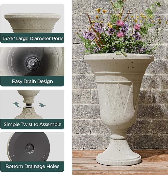 23.6" Tall Plastic Urn Planters for Outdoor Plants, Set of 2 Heavy-Duty Classic Indoor Large Flower Pots with Drainage Holes & Trophy Design, Outdoor Planters for Porch, Home Garden, White