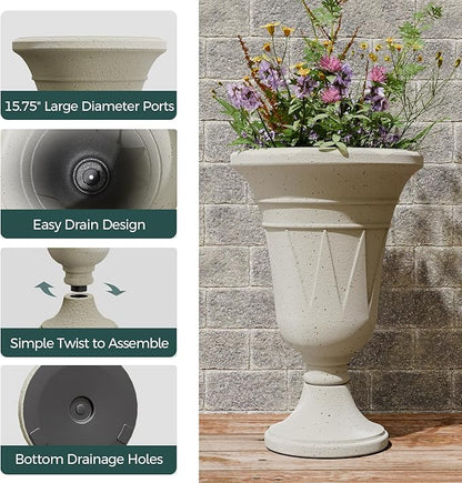 23.6" Tall Plastic Urn Planters for Outdoor Plants, Set of 2 Heavy-Duty Classic Indoor Large Flower Pots with Drainage Holes & Trophy Design, Outdoor Planters for Porch, Home Garden, White