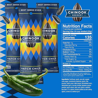 Chinook Seedery Low Sodium Sunflower Seeds – Hatch Chile Flavor, Pack of 36, 1.5oz – Sunflower Seeds to Eat – Keto, Jumbo, Roasted, Baseball Snacks