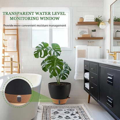 8/10/12 Inch Self Watering Pots for Indoor/Outdoor Plants - Large Plastic Planter with Drainage Holes, Water Level Indicator & Deep Reservoir, Modern Decorative Flower Pots (Black)