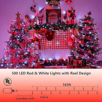 YEGUO 165ft 500 LED Christmas Lights Indoor, Red and White String Light Outdoor Waterproof, 8 Modes Green Wire Plug in with Timer Memory
