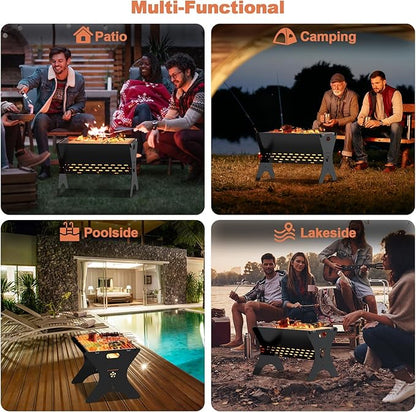 Camping Campfire Grill, Portable Folding Charcoal Grills, Backpacking BBQ Grill with Carry Bag, Outdoor Fire pit for Camping, Picnic, Bonfire, Patio, Backyard-16 Inch