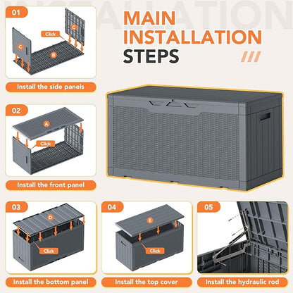 105 Gallon Deck Box Outdoor Indoor Waterproof Storage Box for Patio Furniture, Pool Accessories, Garden Tools, and Cushion Storage, Gray