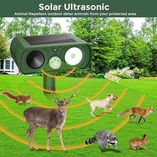 2PACK Solar Ultrasonic Animal Repellent Outdoor, Deer Repellent Devices Squirrel Cat Raccoon Rabbit Dog Deterrent, Keep Rodent Chipmunk Away Motion Detection with Flash Light for Yard Garden Lawn