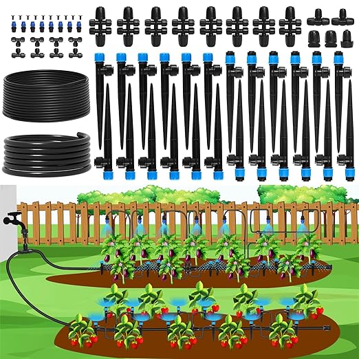 Bonviee 247FT Drip Irrigation System, Automatic Garden Watering System Kit with 50FT 5/16” & 1/4” Drip Tubing, Quick-to-Connect Fittings, Adjustable Drip Emitters for Raised Beds, Greenhouse, Lawn
