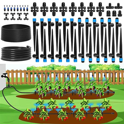 Bonviee 247FT Drip Irrigation System, Automatic Garden Watering System Kit with 50FT 5/16” & 1/4” Drip Tubing, Quick-to-Connect Fittings, Adjustable Drip Emitters for Raised Beds, Greenhouse, Lawn