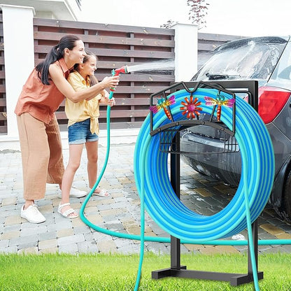Garden Hose Holder, Freestanding Water Hose Holder with Storage Basket, Heavy Duty Metal Hose Reels Hanger Stand Organizer with 4 Spikes for Outside Yard Lawn Black