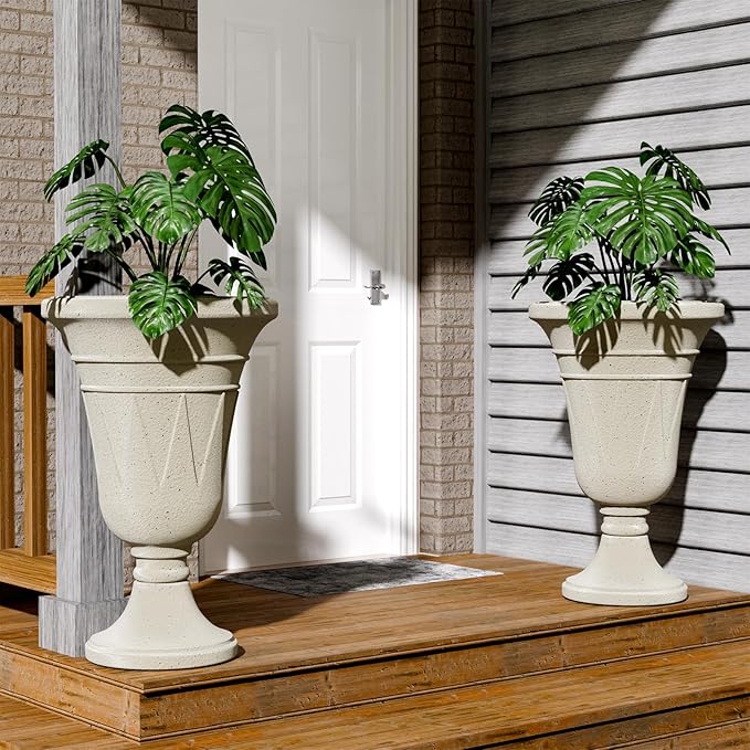 23.6" Tall Plastic Urn Planters for Outdoor Plants, Set of 2 Heavy-Duty Classic Indoor Large Flower Pots with Drainage Holes & Trophy Design, Outdoor Planters for Porch, Home Garden, White