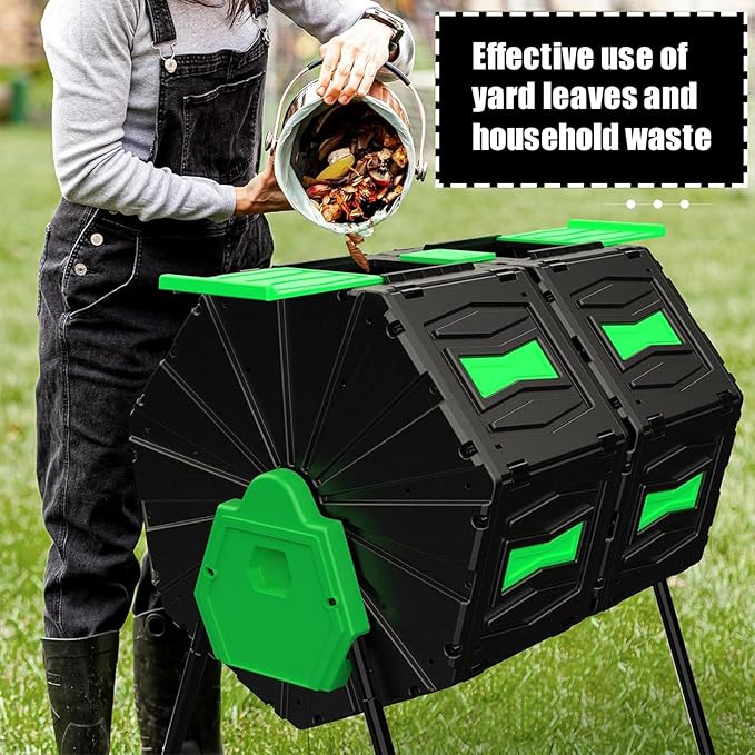 Compost Tumbler, Easy Assemble & Efficient Outdoor Compost Bin, 45 Gallon/170 Liter Large Dual Chamber Rotating Composter for Garden, Kitchen, and Yard Waste, Green Door