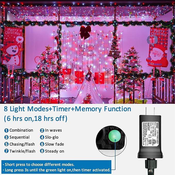 YEGUO 66ft 200 LED Christmas Lights Outdoor Waterproof, 8 Modes Purple String Lights Plug in, Green Wire Twinkle Tree Lights Indoor with Timer Memory