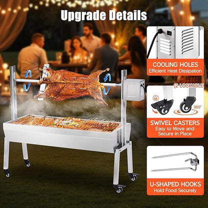 Jocisland Electric BBQ Rotisserie Grill Kit, 42" 132 Lbs Capacity, 45W Motor, Height-Adjustable Stainless Steel Pig Lamb Charcoal Rotisserie Roaster with Lockable Wheels for Camping Outdoor