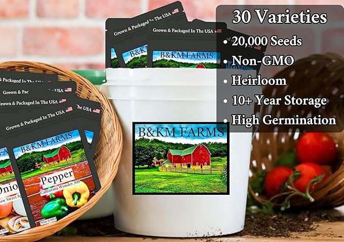 B&KM Farms 20,000+ Survival Seed Kit 5+ Year Supply. 30 Fruit & Vegetable Non-GMO Heirloom Seeds for Planting a Home Garden. Secure Emergency Weather-Proof Bucket