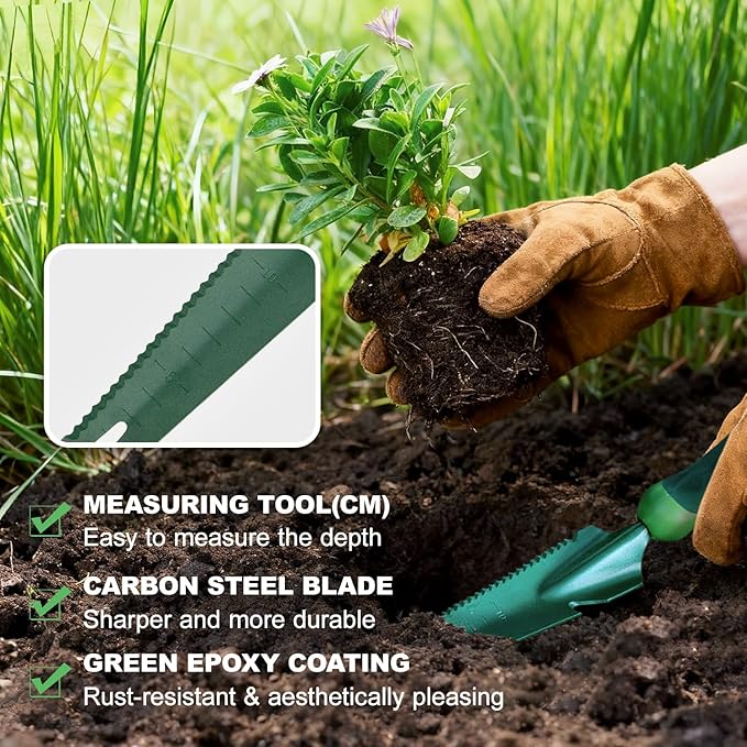 Hand Weed Puller Tool, 5-in-1 Multipurpose Garden Trowel with Soft Handle, Weeding Tool with Serrated Edges Measuring Scale for Easy Weeder Removal, Planting, Transplanting, Digging, Cutting