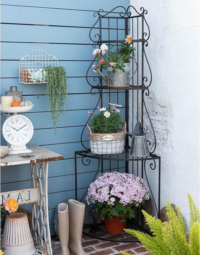 Black Corner 4-Tier Plant Rack, Space-Saving French Balcony Organizer with Filigree Metalwork, Indoor Shelf for Multiple Pots Garden Decor