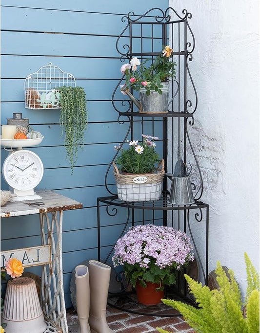 Black Corner 4-Tier Plant Rack, Space-Saving French Balcony Organizer with Filigree Metalwork, Indoor Shelf for Multiple Pots Garden Decor