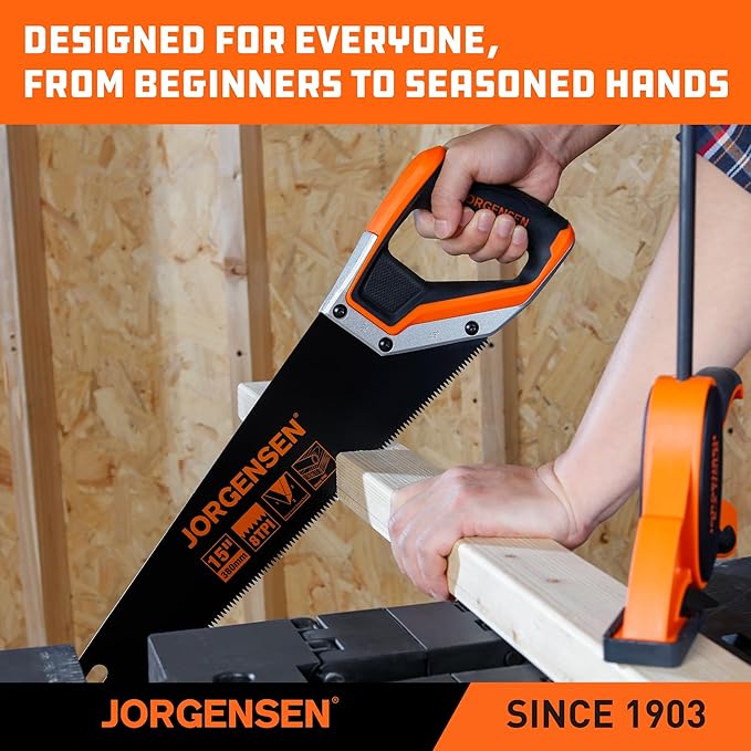 JORGENSEN 15” Hand Saw, Black Coated Coarse Handsaw 8TPI for Wood Cutting, Ergonomic Non-Slip Aluminum Handle for Sawing, Trimming, Gardening, Pruning, PVC