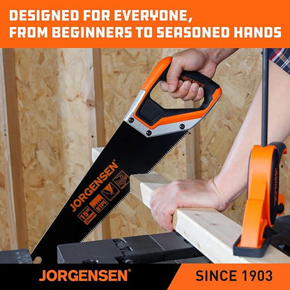 JORGENSEN 15” Hand Saw, Black Coated Coarse Handsaw 8TPI for Wood Cutting, Ergonomic Non-Slip Aluminum Handle for Sawing, Trimming, Gardening, Pruning, PVC