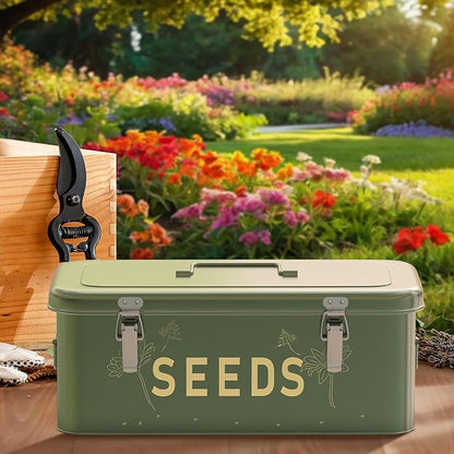 Orionstar Seed Storage Organizer, Metal Seed Saving Box with Lid, Seed Bin with 30 Plant Labels 30 Seed Envelopes 1 Marker Pens, 4 Compartments Box with Safety Locks, Blackish Green