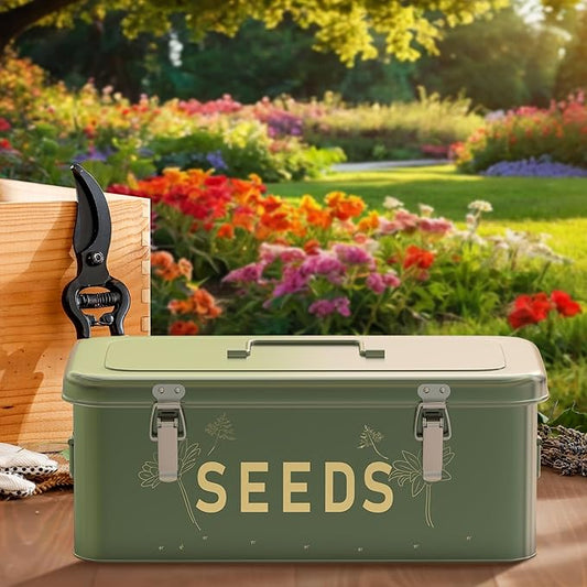 Orionstar Seed Storage Organizer, Metal Seed Saving Box with Lid, Seed Bin with 30 Plant Labels 30 Seed Envelopes 1 Marker Pens, 4 Compartments Box with Safety Locks, Blackish Green