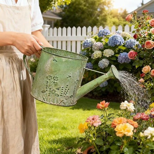 Vintage Metal Watering Can Planter with Embossed Floral - Distressed Green Decorative Watering Pot for Indoor/Outdoor Flowers, Succulents & Herbs, Rustic Home Decor Accent