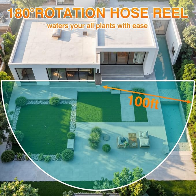 AXTRIM 100 ft x1/2 in Retractable Garden Hose Reel, Premium Wall Mounted Water Hose Reel with 10-Pattern Spray Nozzle, Any Length Lock, Slow Return System, 180° Metal Swivel Bracket, Anti-UV