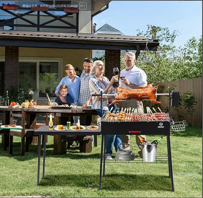 Nice C Portable Charcoal Grill, Rotisserie, Detachable Table, Stainless Steel, Black, Outdoor, Freestanding, Manual Rotisserie