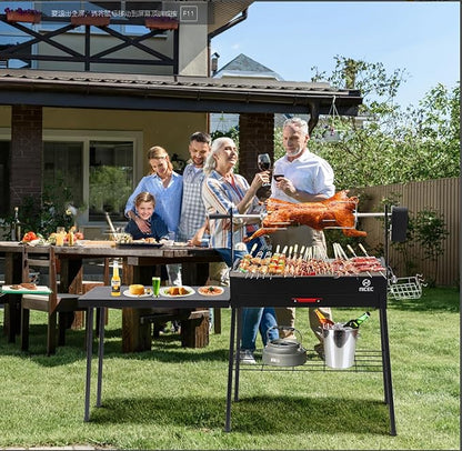 Nice C Portable Charcoal Grill, Rotisserie, Detachable Table, Stainless Steel, Black, Outdoor, Freestanding, Manual Rotisserie
