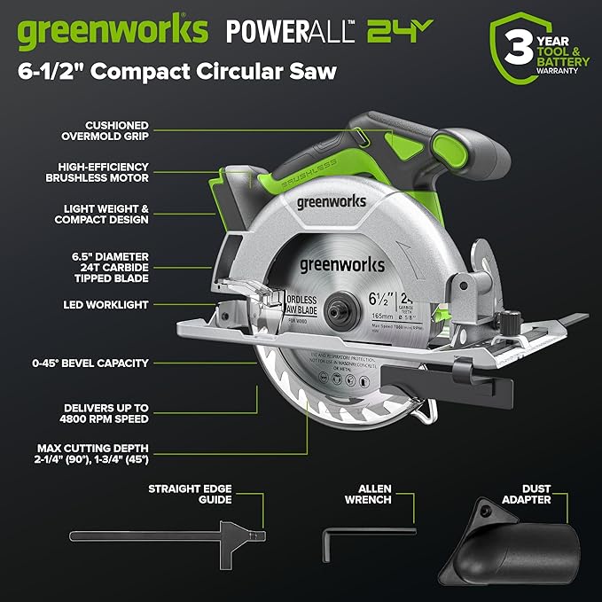 GREENWORKS 24V (5-TOOL) Combo (Drill + Impact Driver + Circular Saw + Multi-Tool + Flashlight), 4.0Ah + 2.0Ah (24,000mAh Power Bank) Batteries, (2) Cables, 65W Rapid Charger