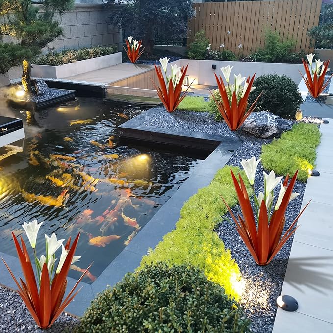 Homight Metal Agave Plant Outdoor Decoration Lily Mexican Yard Art Garden Gift Home Decor Hand Painted Metal Agave Garden Yard Statue, Outdoor Lawn Ornaments (2 Big White Lilies)