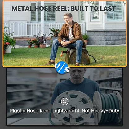 Giraffe Tools SW5 Metal Hose Reel Box, Heavy Duty Garden Hose Storage Reel Hideaway, Crank Handle, 150ft 5/8" Hose Capacity, Green