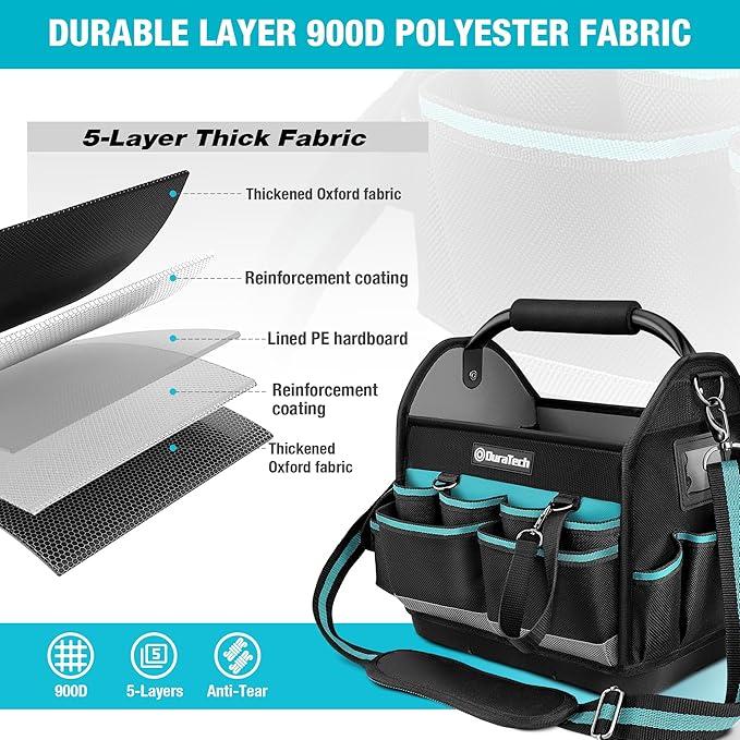 DURATECH 12 Inch Tool Tote with Waterproof Hard Bottom, Electrician Tool Bag with Rotating Handle, Open Top Tool Bag Wide Mouth Multi-Pockets, Tool Carrier for Mechanic Plumber Electrician HVAC
