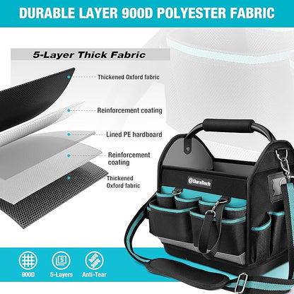 DURATECH 12 Inch Tool Tote with Waterproof Hard Bottom, Electrician Tool Bag with Rotating Handle, Open Top Tool Bag Wide Mouth Multi-Pockets, Tool Carrier for Mechanic Plumber Electrician HVAC