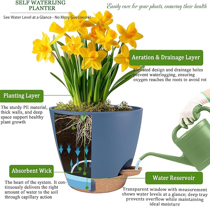 Self Watering Pots for Inoor Ourdoor Plants 8/7/6.5/6/5 Inch Plastic Planters with Drainage Holes & Water Level Indicator, Decorative House Flower Nursery Planting Pots with Saucers (Navy Blue)