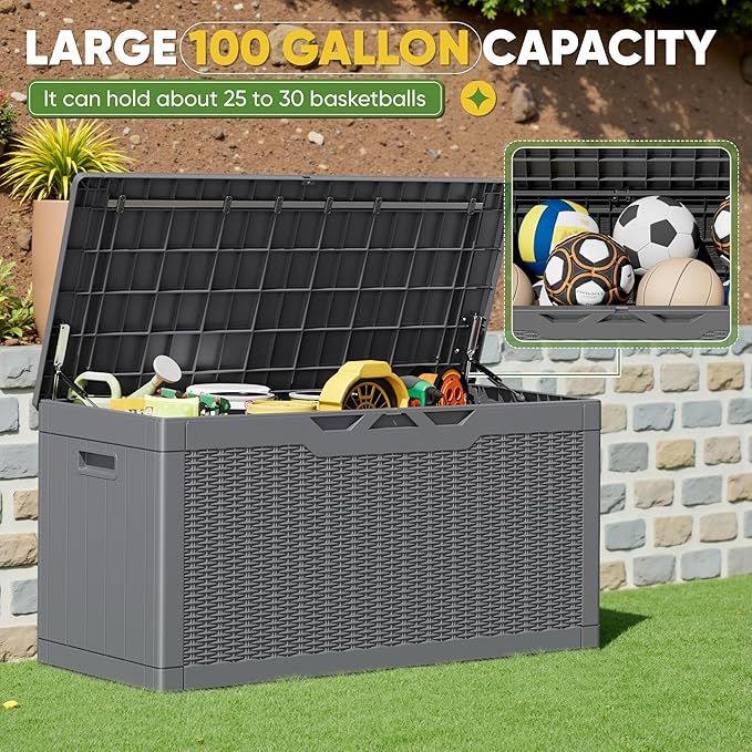 Greesum Outdoor Storage Box 100 Gallon Storage Bin with Lid for Patio Furniture, Garden Tools, Pool Supplies, Lockable, Waterproof and UV Resistant, Gray